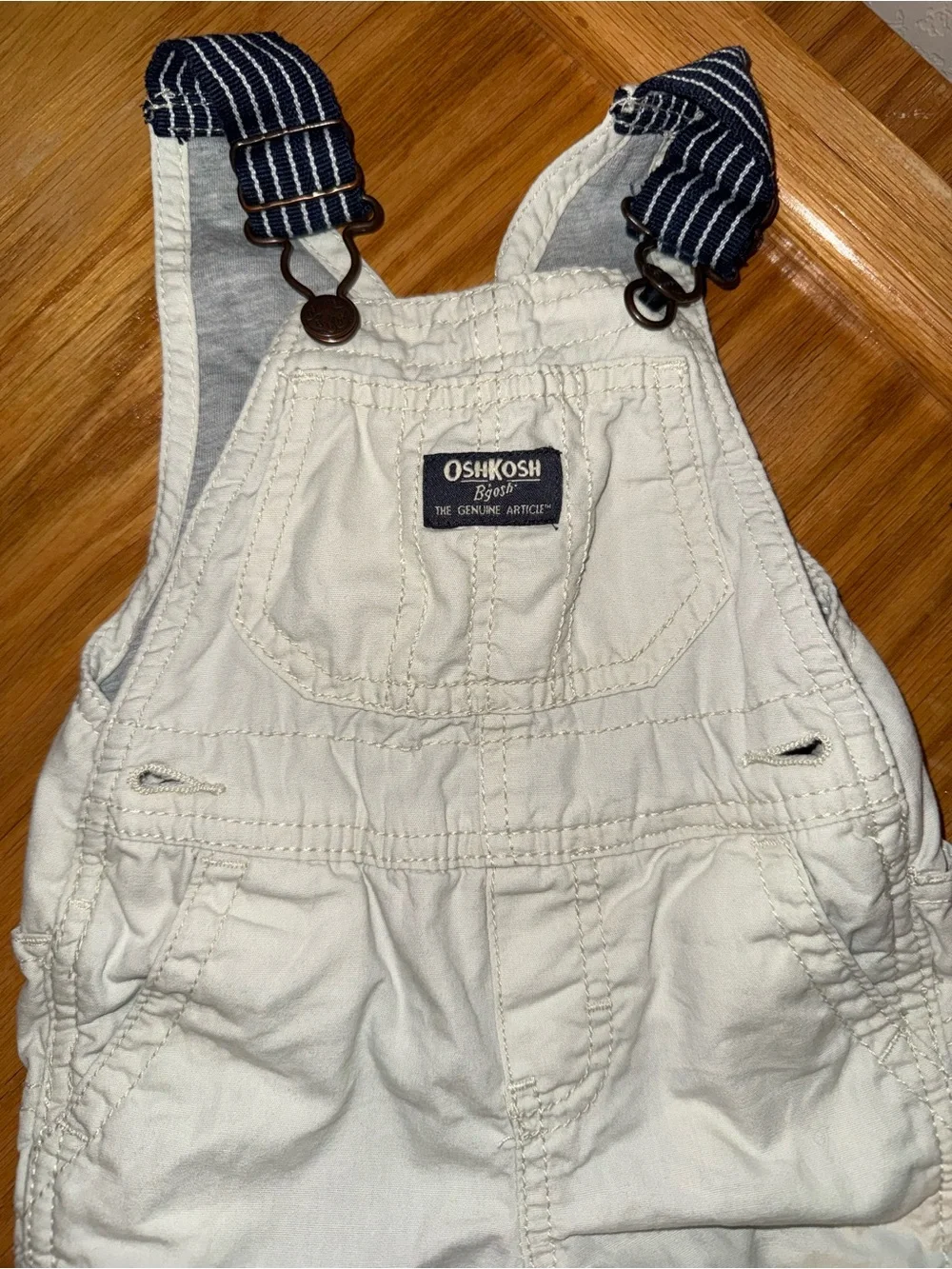 OshKosh B'gosh Cream Overalls with Navy Stripe Straps